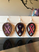 Load image into Gallery viewer, Awareness Ribbon Earrings, Mahogany and Acrylic Cancer Ribbon