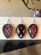 Load image into Gallery viewer, Awareness Ribbon Earrings, Mahogany and Acrylic Cancer Ribbon

