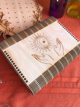 Load image into Gallery viewer, Engraved Wooden Clutch with Living Hinge, Wood Altar Box, Tarot Card/Oracle Deck Holder
