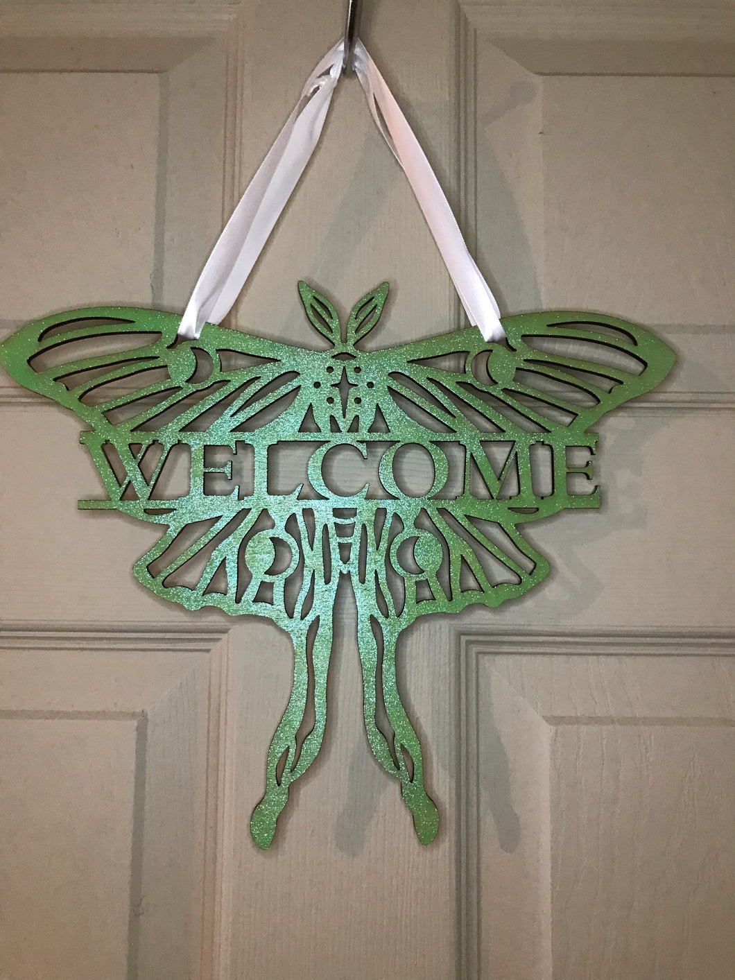 Luna Moth Welcome Sign, Laser Cut Wood Wall Hanging