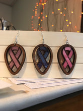 Load image into Gallery viewer, Awareness Ribbon Earrings, Mahogany and Acrylic Cancer Ribbon
